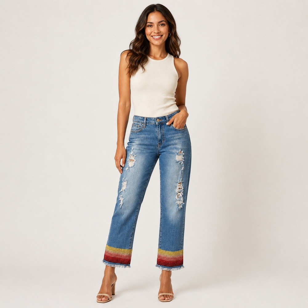 L&B Lucky & Blessed Distressed Serape Hem Jeans Womens 12 Embroidered Blue